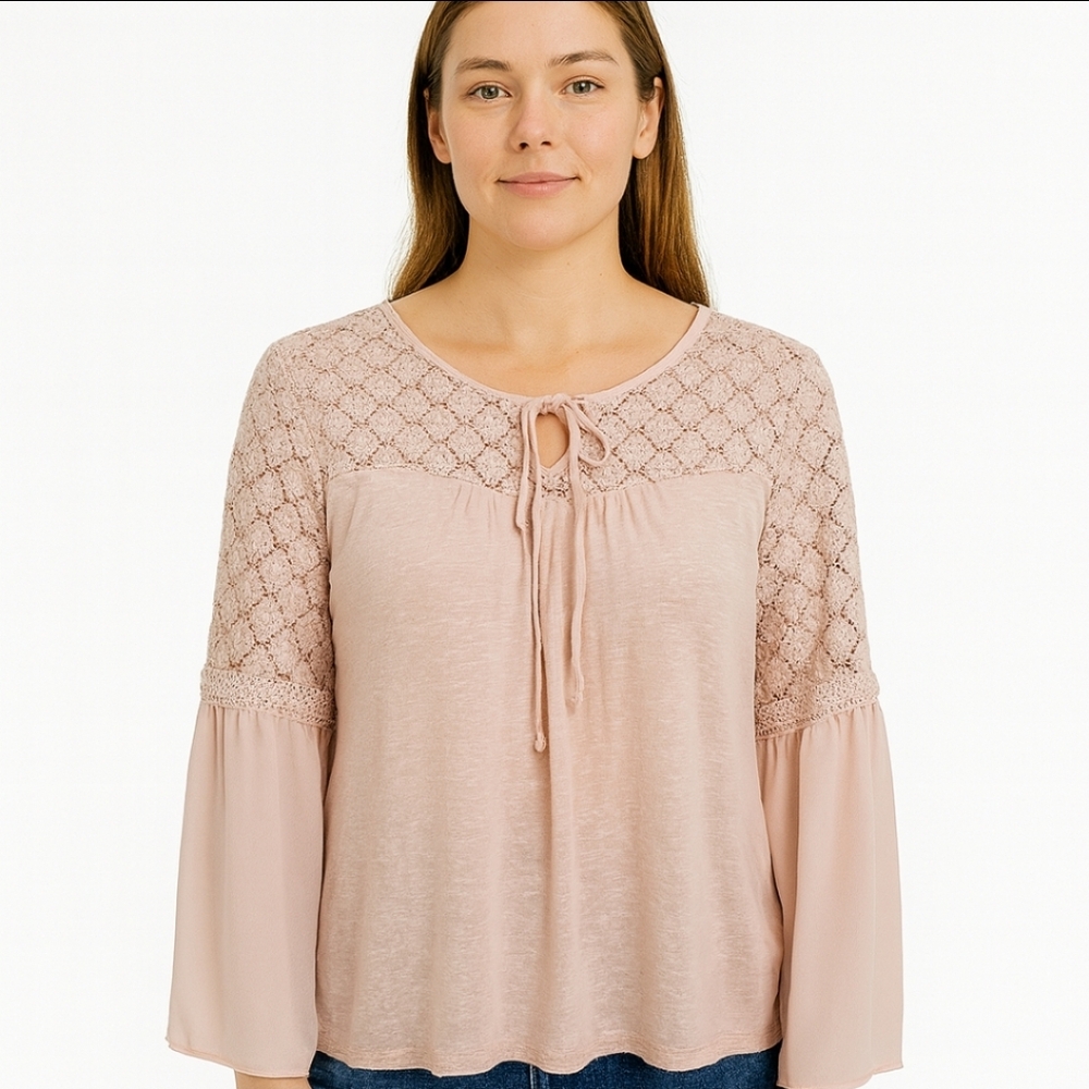 New Directions Pink Lace Bell Sleeve Peasant Blouse Sz XL